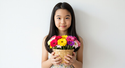 Happy young girl gently holding a lively basket of bright daisies illuminated by soft natural light creating warmth. AI Generated