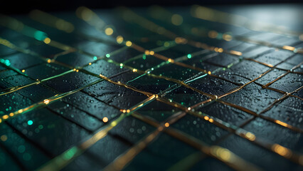 Abstract digital circuit grid glows with golden light lines on dark textured surface. Technology concept