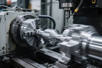 CNC machining process in industrial workshop with metal workpiece being precision-cut by automated tool