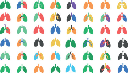 Colorful illustrations of human lungs in various colors and styles on white background
