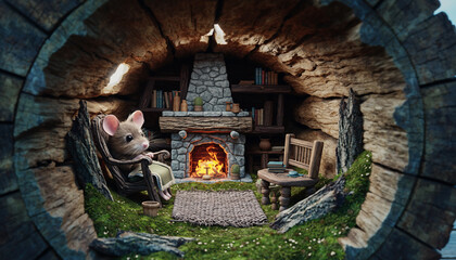 A Charming And Cozy Scene Of A Small, Anthropomorphic Mouse In A Tiny, Detailed Home Made Inside A Hollowed-out Log, Complete With A Fireplace And Tiny Furniture.