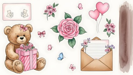 A set of cute illustrations with a teddy bear and flowers on white background