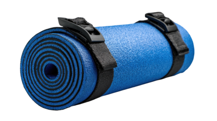 Blue rolled foam sleeping mat secured with black straps