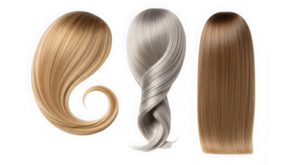Three different hair extensions on transparent background isolated