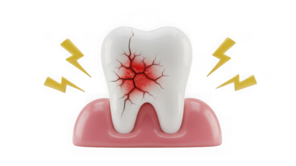 Tooth with cracked root and pain on transparent background