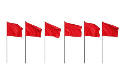 Six red flags waving on poles isolated on transparent background