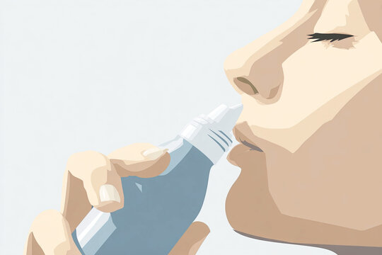 Nasal Rinse. A stylized illustration of a person using a spray bottle, showcasing a close-up of their face and hand in a minimalist design.