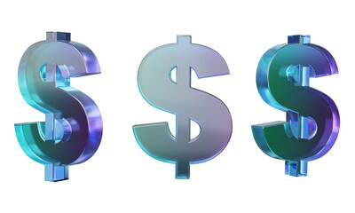 Set of dollar usd hologram gradient glass design isolated on transparent background png. financial money currency exchange economy. 3D render illustration
