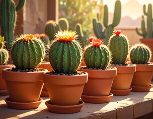 Sunny outdoor scene showing various potted cacti with vibrant orange-red flowers. They sit in terracotta pots
