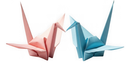Pink and Blue Origami Cranes Facing Each Other on White Background