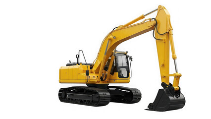 Yellow excavator on tracks with digging bucket isolated on transparent background