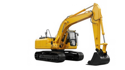 Yellow excavator on tracks with digging bucket isolated on transparent background
