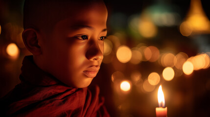 Celebrating Union Day at Nay Pyi Taw with a young monk holding a candle at City Hall Yangon Myanmar