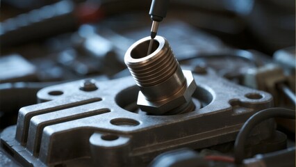 Close-up of a mechanical component being adjusted with a tool in an industrial setting