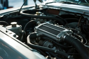 Fototapeta premium Close-up view of a car engine with visible intake manifold and hoses under the hood