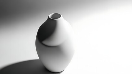 A minimalist white vase stands illuminated by dramatic studio lighting