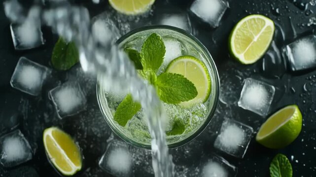 Super slow motion. Refreshing mojito cocktail in a glass on black stone table, macro shot.