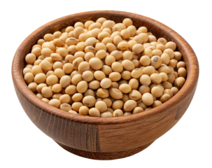 Soybeans fill a light brown wooden bowl, displayed against a dark background