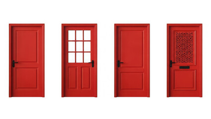 Four different red doors on transparent background isolated