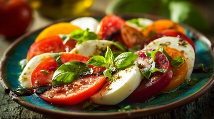 Caprese salad with sliced tomato and mozzarella for a healthy eating campaign.