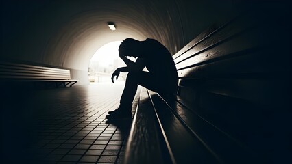 Teen Depression and Anxiety Concept &ndash; Depressed Young Person Sitting Alone on Bench in Dark Tunnel with Light