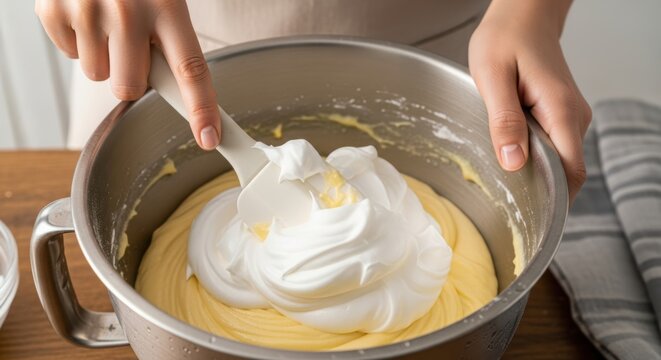 Close-up of hands carefully folding egg whites into a batter, showing the gentle, precise technique