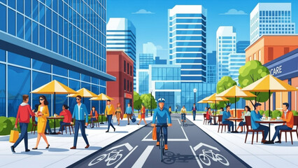 Fototapeta premium City street with people walking and cycling modern buildings and cafe in background on sunny day with blue sky with urban landscape