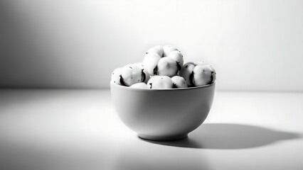 A simple white bowl filled with fluffy cotton balls softly lit