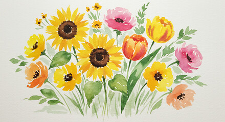 Hand painted bright watercolor flowers gracefully bloom on paper showcasing a fresh artistic summer garden aesthetic. AI Generated
