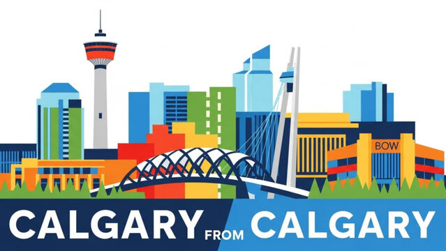 Vibrant cityscape of calgary featuring iconic calgary tower and bridge over bow river with modern buildings in colorful illustration