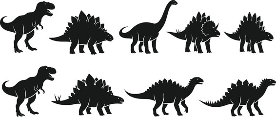 Black dinosaur silhouettes set, prehistoric reptiles collection, stegosaurus, tyrannosaurus, triceratops, sauropod icons isolated on white background for design illustration branding ©  Arfina