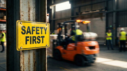 "Safety First" sign prominently displayed in a busy industrial warehouse with a blurred forklift and workers in high-visibility vests.