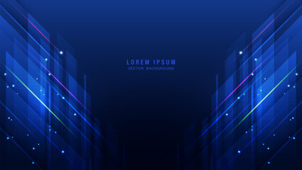 Symmetrical dark blue futuristic background with diagonal neon beams and glowing particles