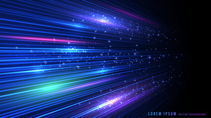 Abstract neon blue speed light lines vector background with glowing particles