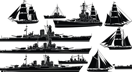 Naval ships and sailing vessels silhouettes, historical warships, modern battleships, maritime fleet collection, nautical transportation illustration, ocean military ships ©  Arfina