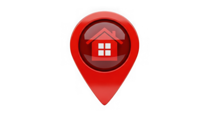 Red map pin with house icon on transparent background isolated
