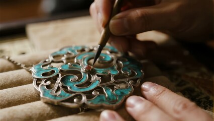 Close-up of hands crafting an ornate turquoise and silver pendant with intricate filigree design
