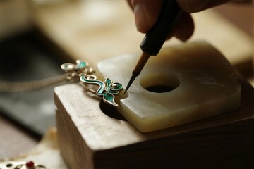 Close-up of a jeweler using a precision tool to work on an ornate piece of jewelry with green inlay.