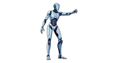 A robot stands reaching with its right hand its body is white with blue accents © rahim