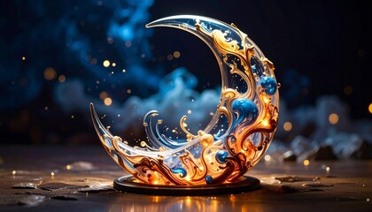 Glowing crescent moon shape with fiery and icy swirling patterns on a dark background.