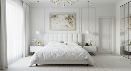 Bright luxurious minimalist bedroom with abundant natural light illuminating pristine white decor. AI Generated