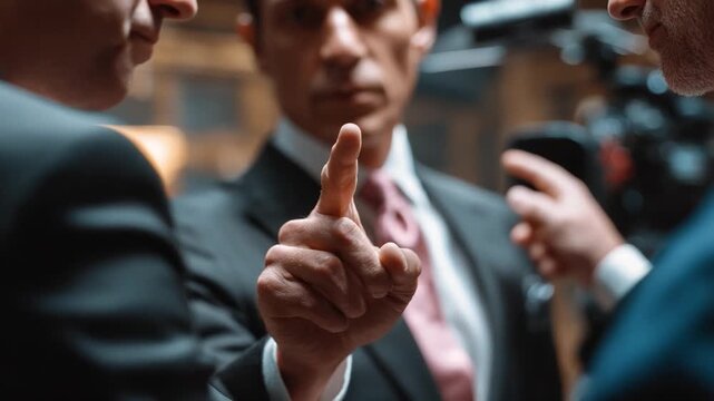 Stern Decision: A focused figure in a business suit emphatically points a finger, leading a discussion with unseen colleagues, conveying authority and resolute decision-making in a business setting.