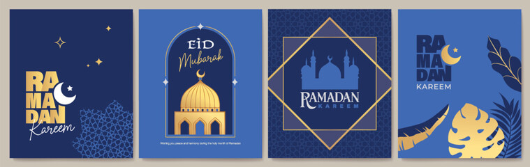 Islamic festival poster background design with mosque, flower, arabic calligraphy, crescent moon and lantern. Suitable for Ramadan Kareem , Hari Raya, Eid Mubarak, Eid al Adha.