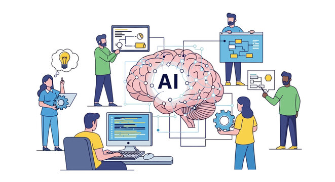 Cartoon People interacting with AI brain plus computer coding