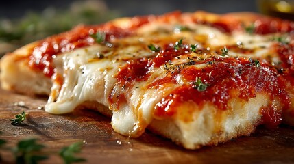 A close-up view captures the stringy, melted mozzarella cheese stretching from a thick slice of homemade tomato pizza.