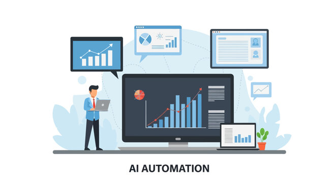 Illustration of a man using AI automation surrounded by data visualizations and devices