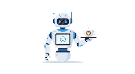 Obraz premium White robot with a smiling face on its screen holding a coffee with a heart design