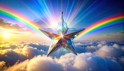 Vibrant Rainbow Star Shining Brightly Above the Clouds with Sunlight.