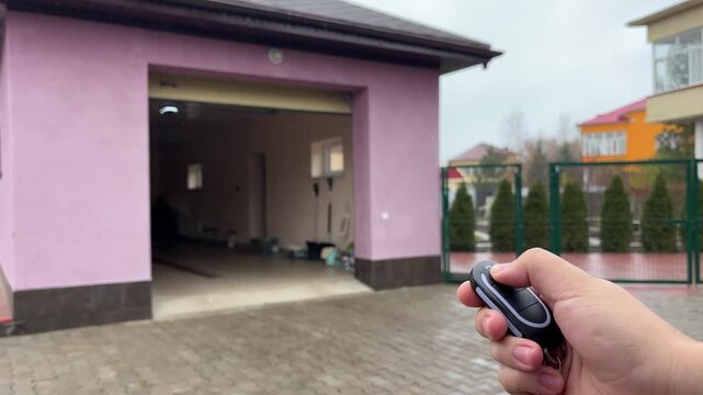 Person is operating a remote control closing a garage door or gate for a car. 