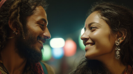 Smiling couple enjoying Dhaka World Music Festival in Bangladesh, a vibrant night scene